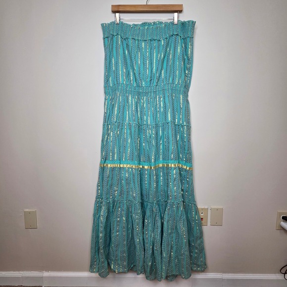 Venus Teal Gold Metallic Chevron Embroidered Strapless Tiered Maxi Dress 2X - Picture 6 of 9